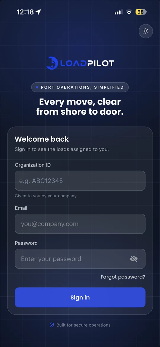 LoadPilot driver app dark sign-in screen: Every move, clear from shore to door