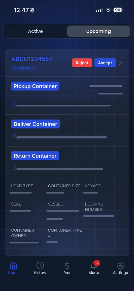 LoadPilot driver app upcoming loads list