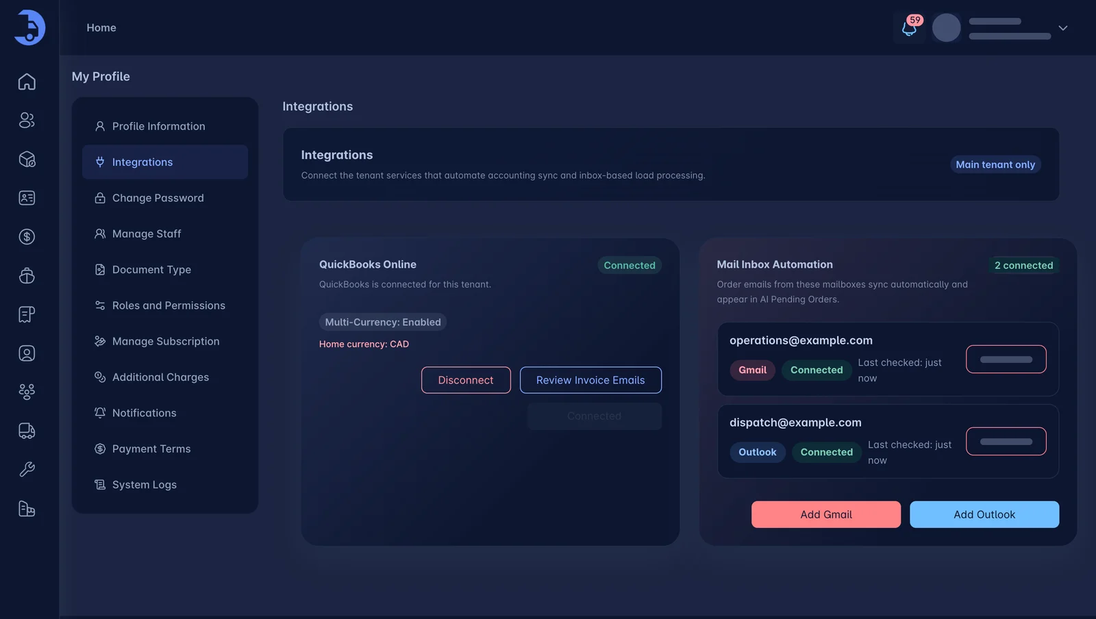 LoadPilot Integrations screen with Gmail and Outlook mailboxes connected for order email sync