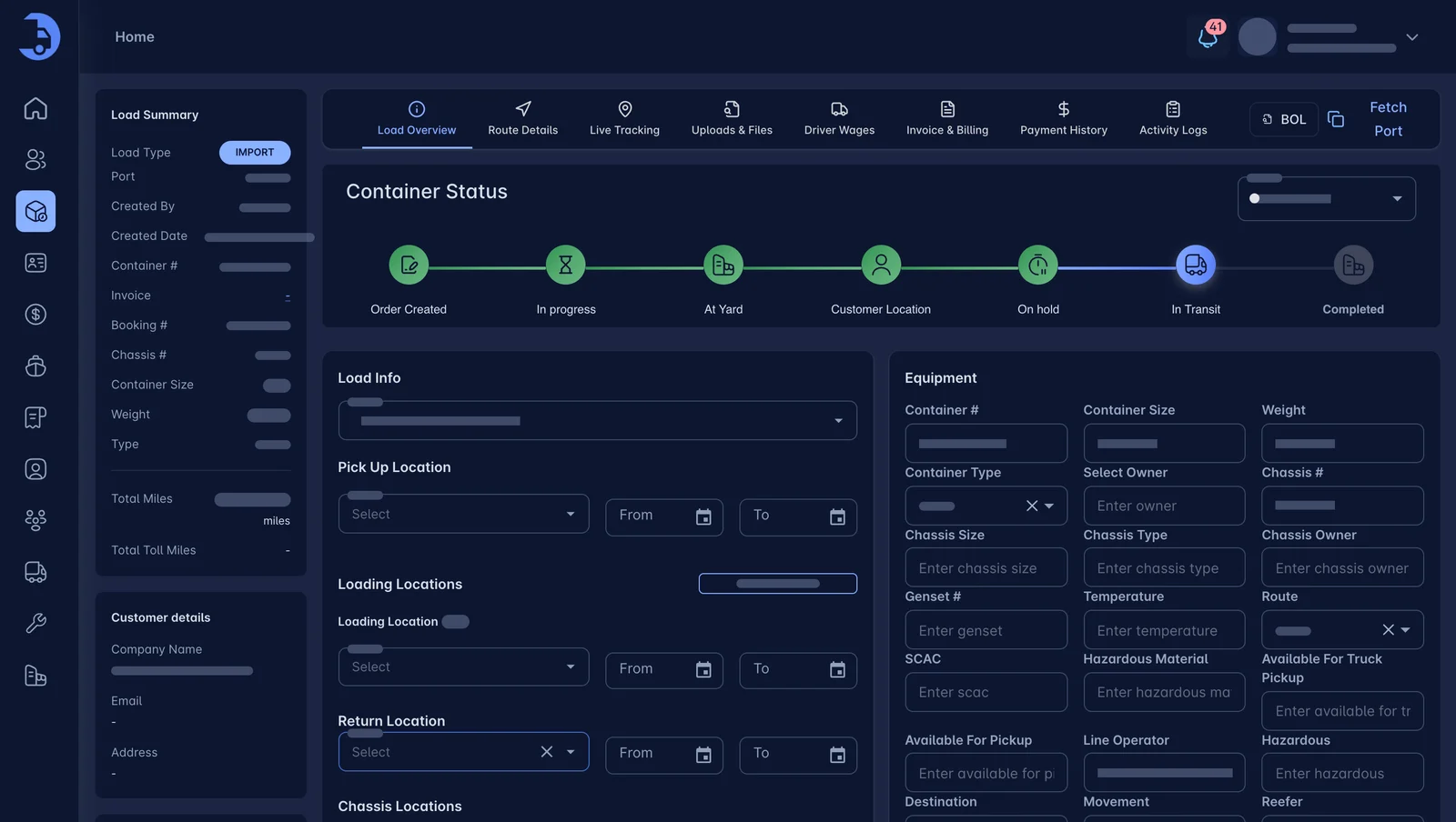 LoadPilot load details screen with container status timeline and equipment fields