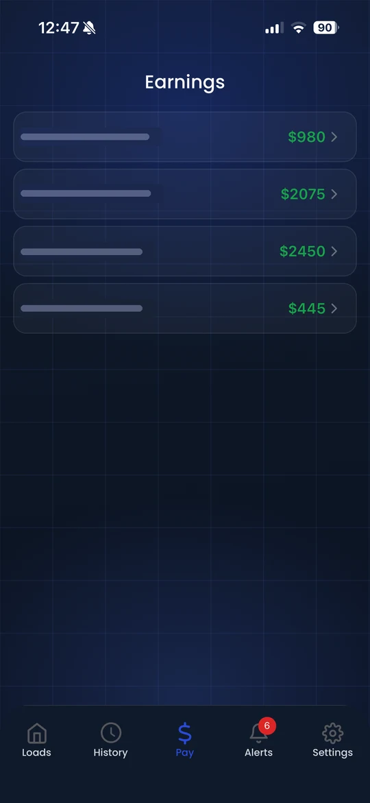 LoadPilot driver app weekly earnings list