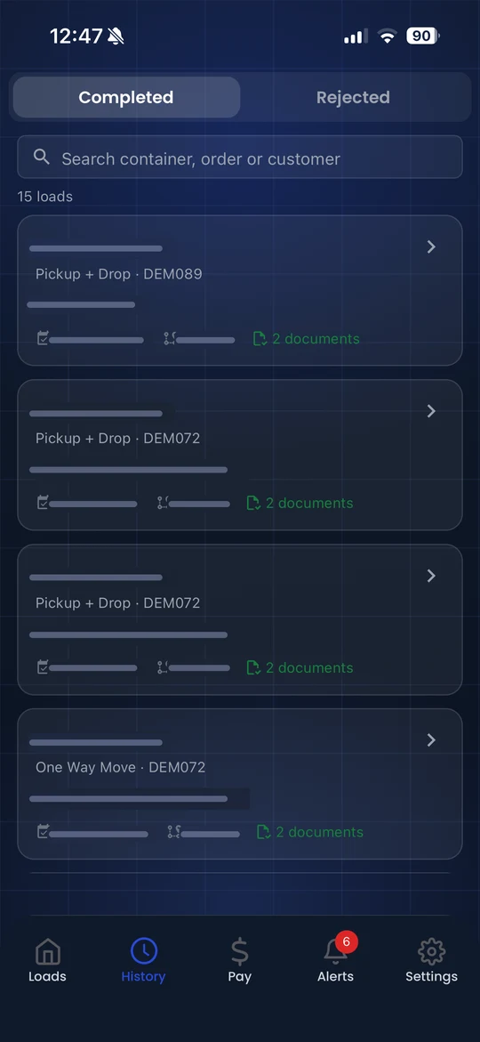 LoadPilot driver app completed loads history