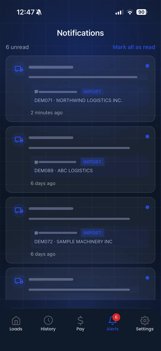 LoadPilot driver app notifications for newly assigned loads