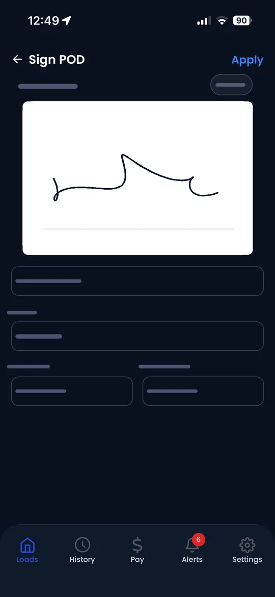 LoadPilot driver app proof-of-delivery signature screen